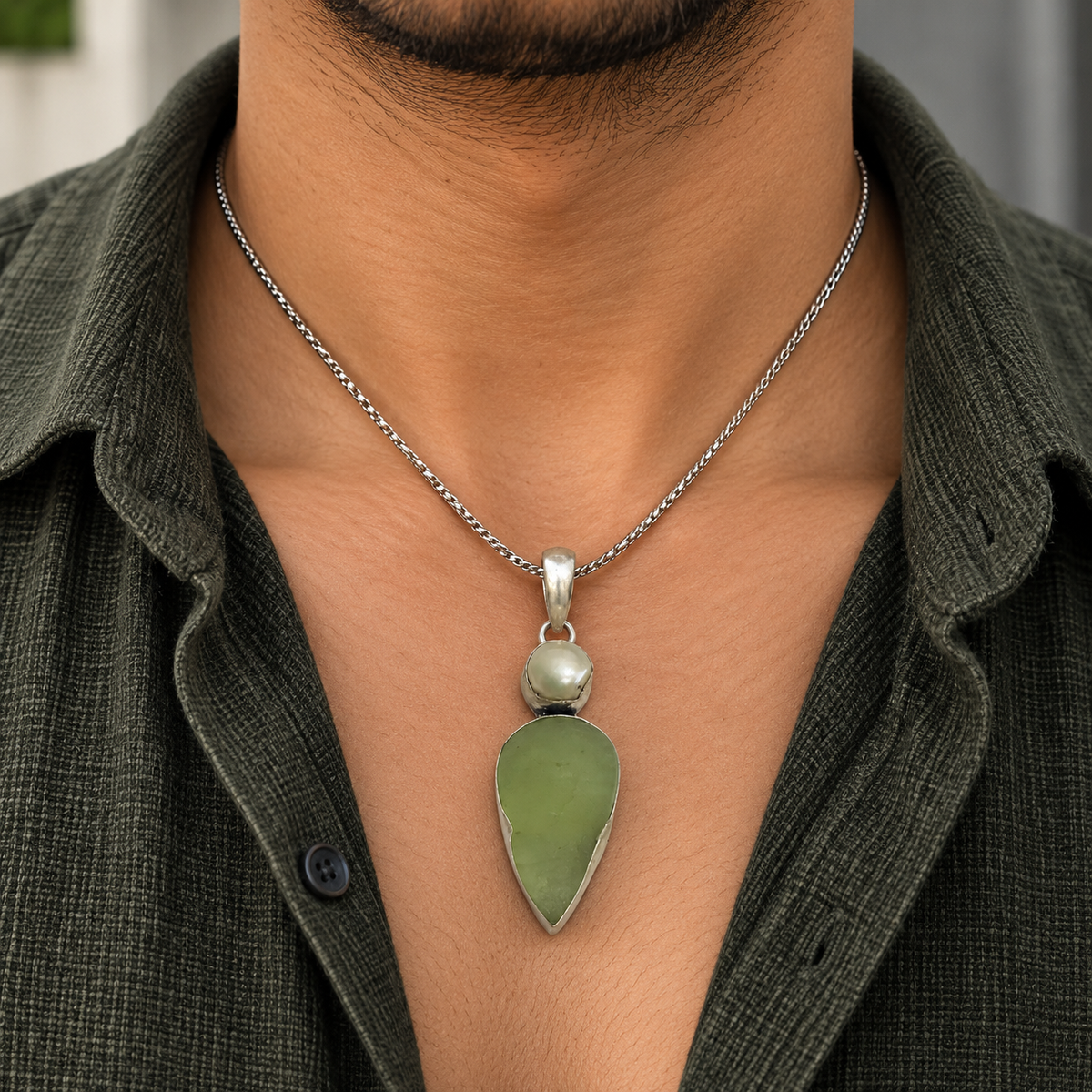 Green Prehnite Pearl Silver Pendant Natural Stone Boho Jewelry PEN404-SLV-NPR-NPRL02