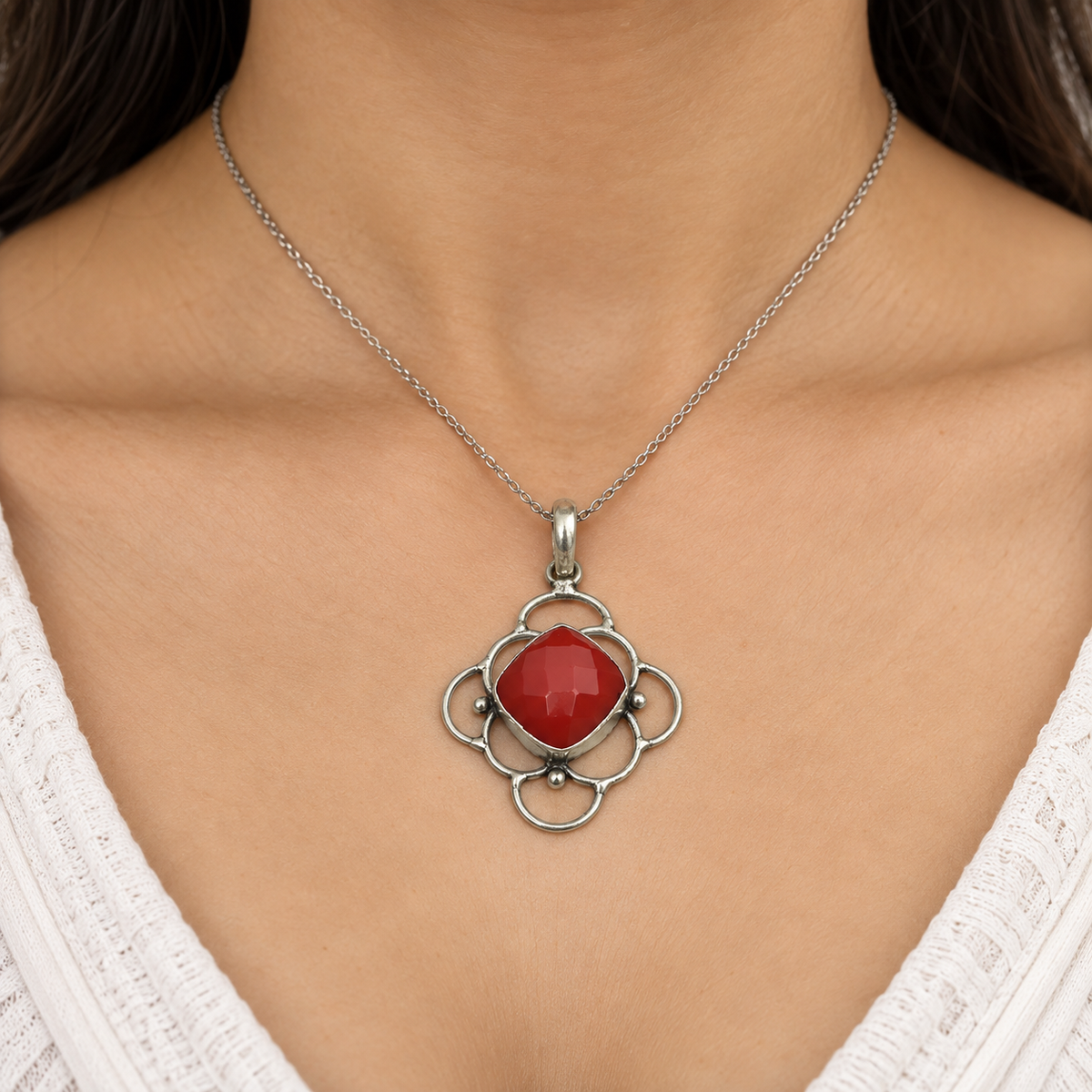 Red Coral Silver Floral Pendant Boho Statement Jewelry Gift PEN407-SLV-NRC01