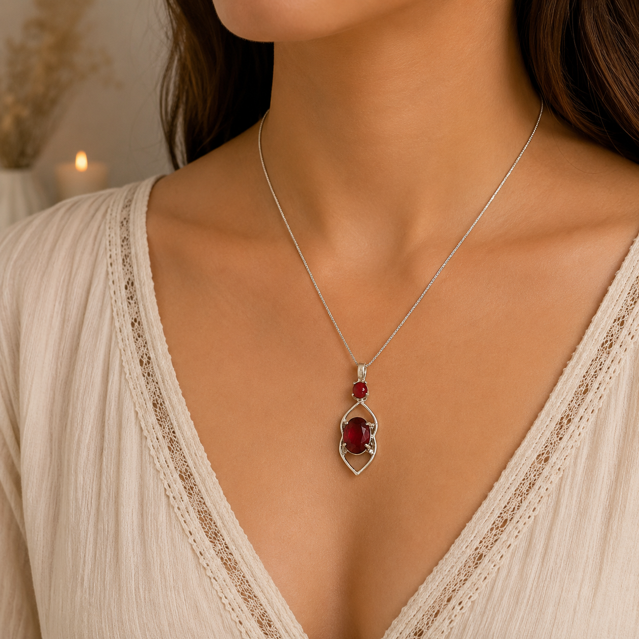 Lab Grown Garnet Red Coral Teardrop Pendant Silver Tone Jewelry Gift PEN41-SLV-LGR-LRC02