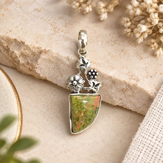 Unakite Floral Silver Pendant Natural Stone Boho Jewelry Gift PEN410-SLV-NRUN01