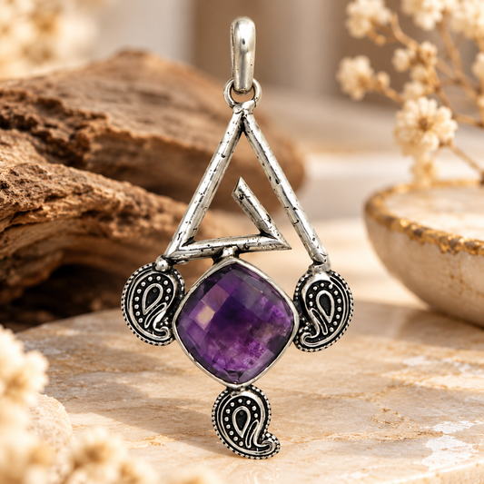 Amethyst Boho Pendant Purple Gemstone Vintage Silver Jewelry PEN423-SLV-NAMT01