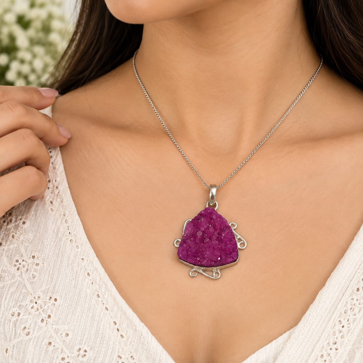 Pink Druzy Agate Pendant, Boho Statement Gemstone Jewelry PEN437-SLV-NPIDY01
