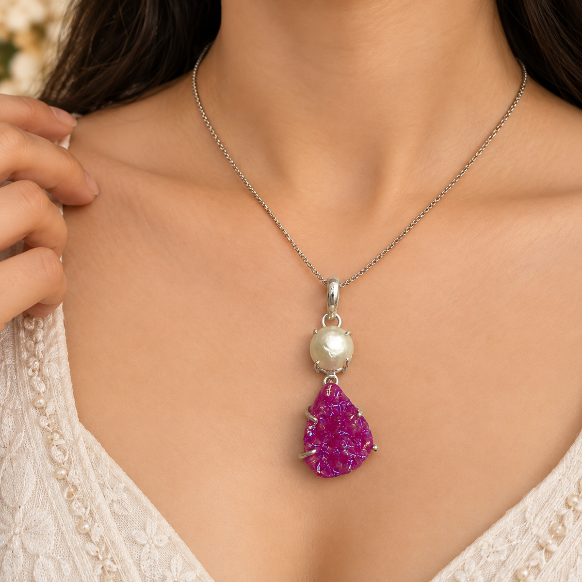 Pink Druzy Pearl Pendant, Silver Tone Boho Jewelry PEN438-SLV-LTDY+NPRL02