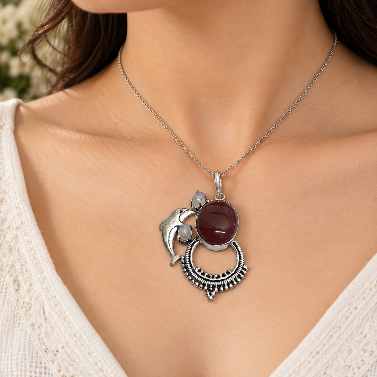 Red Onyx Moonstone Pendant Boho Silver Tone Necklace PEN441-SLV-NRO-NMS03