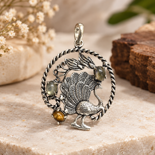 Peacock Pendant Tiger Eye Labradorite Boho Vintage Jewelry PEN442-SLV-NLBD-NTE03
