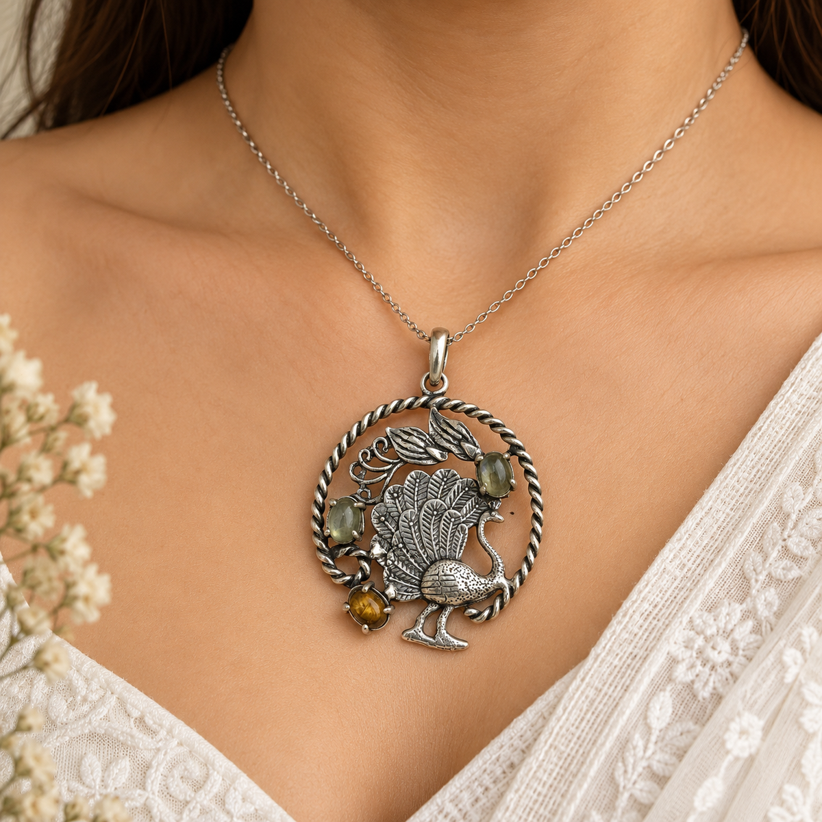 Peacock Pendant Tiger Eye Labradorite Boho Vintage Jewelry PEN442-SLV-NLBD-NTE03