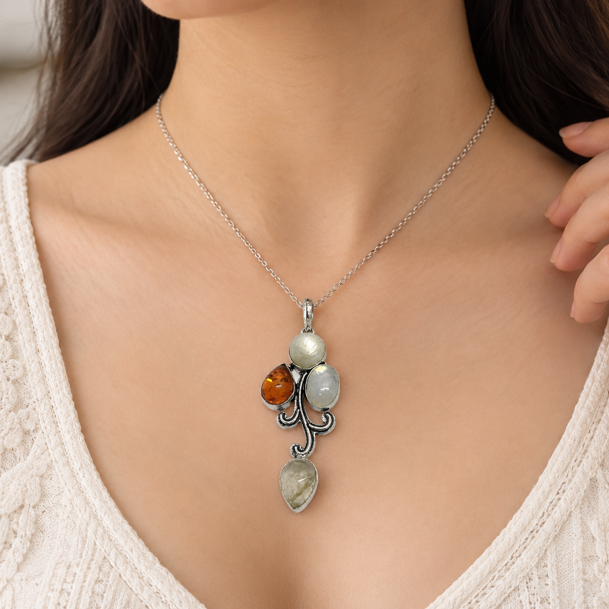 Amber Moonstone Rutile Quartz Pendant Boho Silver Jewelry PEN443-SLV-NPRL-NMUL04