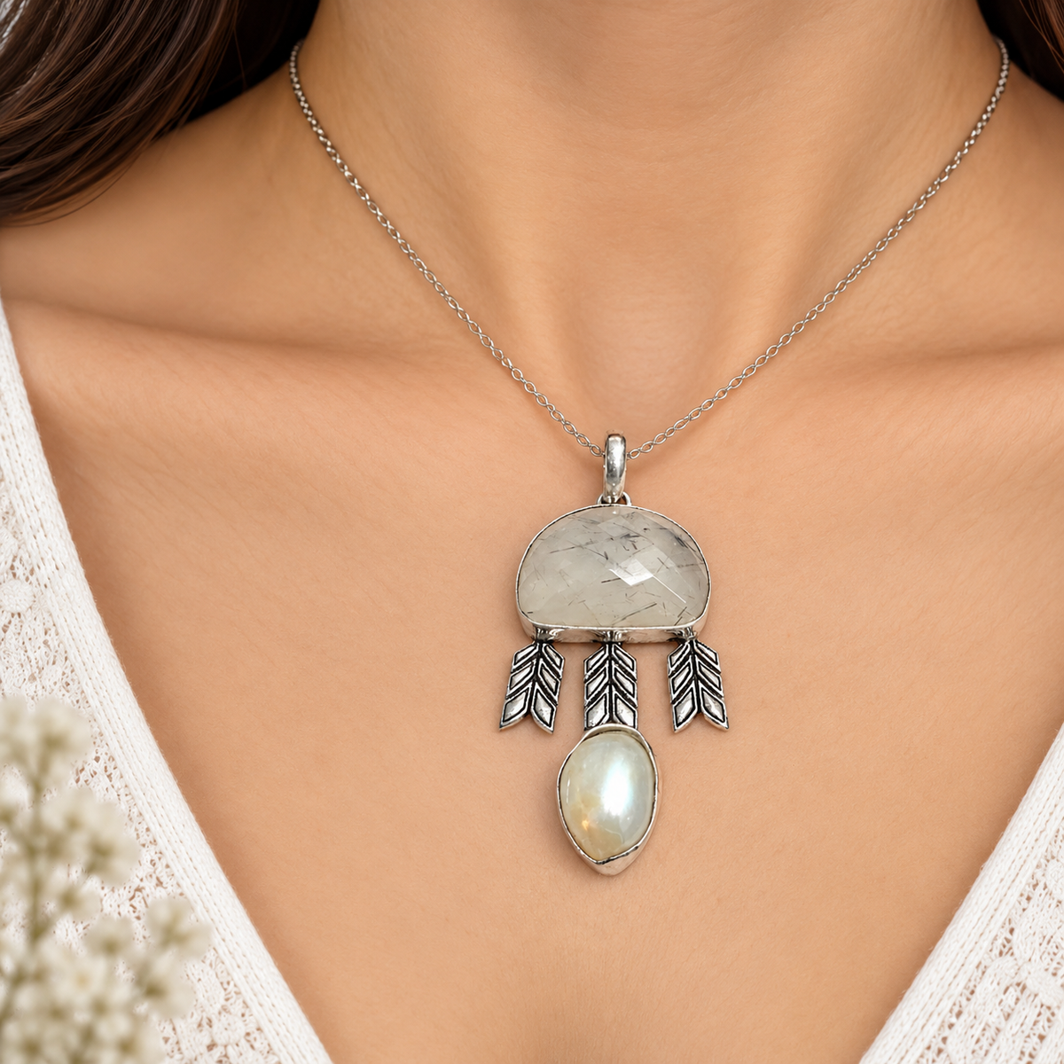Rutilated Quartz Pearl Pendant Boho Nature Inspired Jewelry PEN444-SLV-NBR-NPRL02