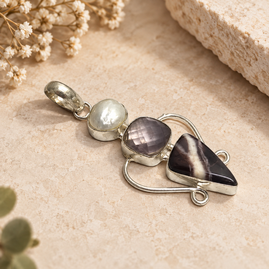 Pearl Amethyst Coconut Jasper Pendant Boho Silver Jewelry PEN447-SLV-NPRL-NMUL03