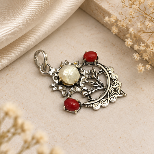 Red Coral Pearl Pendant Floral Boho Vintage Silver Jewelry PEN448-SLV-NPRL-LRC03