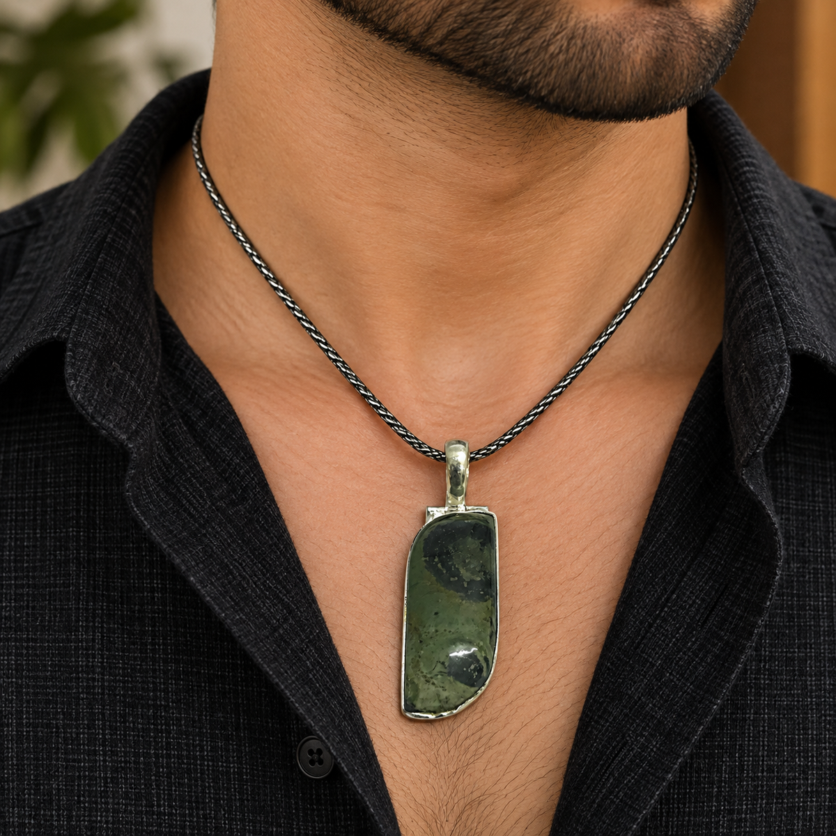 Kambaba Jasper Pendant Green Stone Boho Silver Tone Jewelry PEN462-SLV-NKJR01