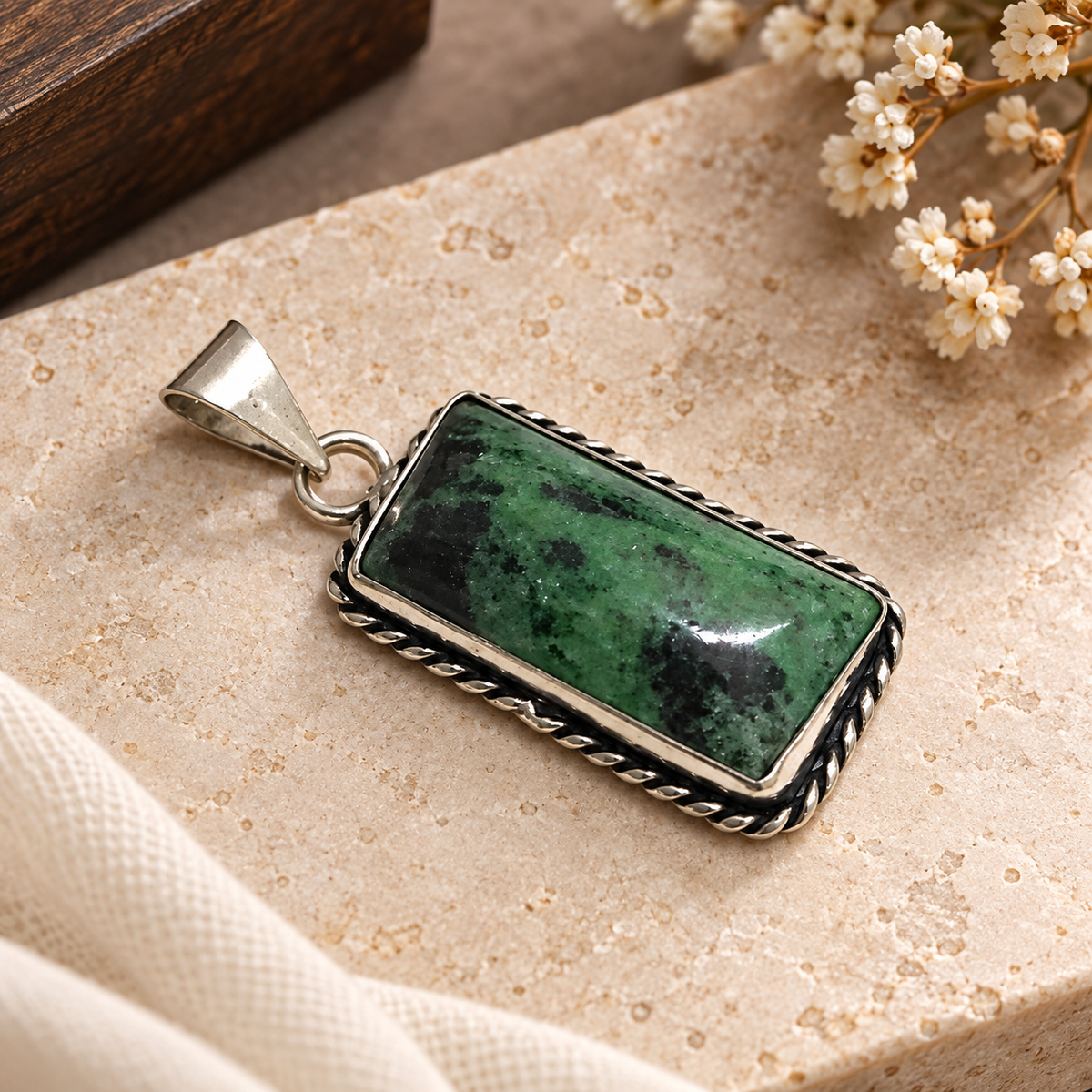 Ruby Zoisite Pendant Green Gemstone Boho Silver Tone Jewelry PEN468-SLV-NRZ01