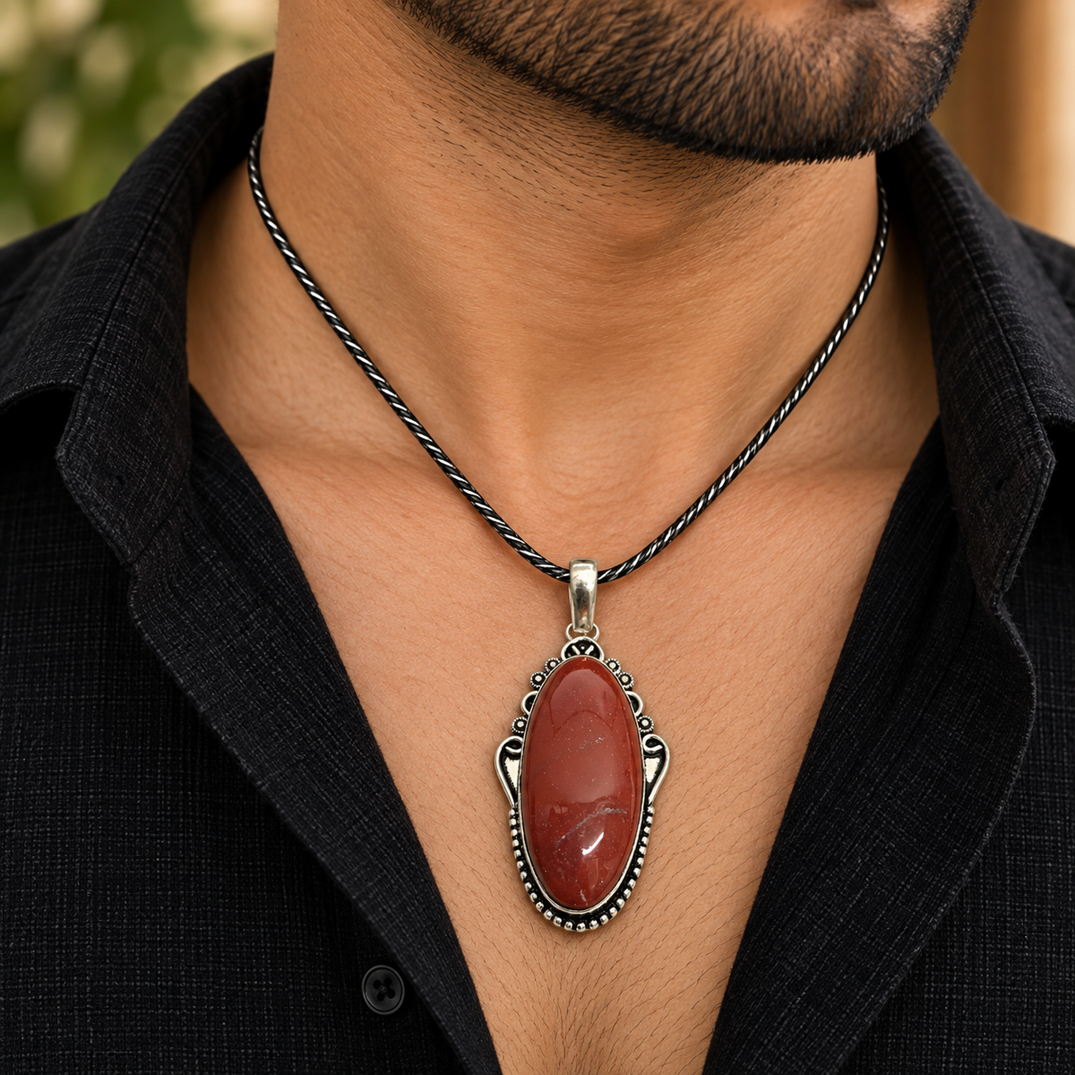 Red Jasper Pendant Natural Stone Boho Vintage Silver Tone PEN470-SLV-RJR01