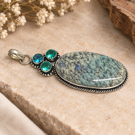 Kiwi Jasper Pendant, Green Gemstone Boho Statement Jewelry PEN482-SLV-LMUL-NKIJR04