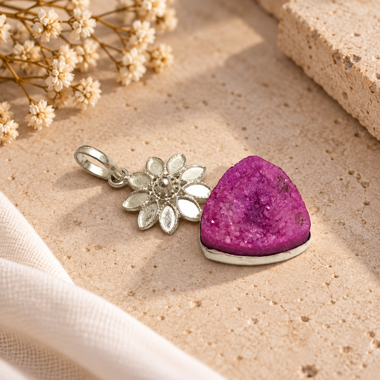 Pink Druzy Pendant, Boho Statement Gemstone Jewelry PEN484-SLV-NPIDY01