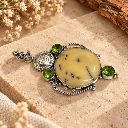 Yellow Dendritic Agate Pendant, Boho Gemstone Statement PEN495-SLV-LPD-NDAG04