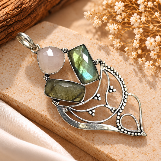Labradorite Rose Quartz Pendant, Boho Gemstone Statement PEN498-SLV-NRQ+NLBD03
