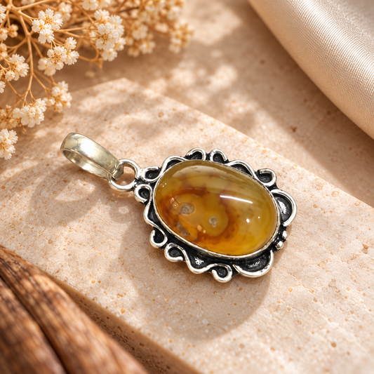 Yellow Agate Pendant, Orbicular Natural Boho Gemstone Jewelry PEN499-SLV-NBWAG01