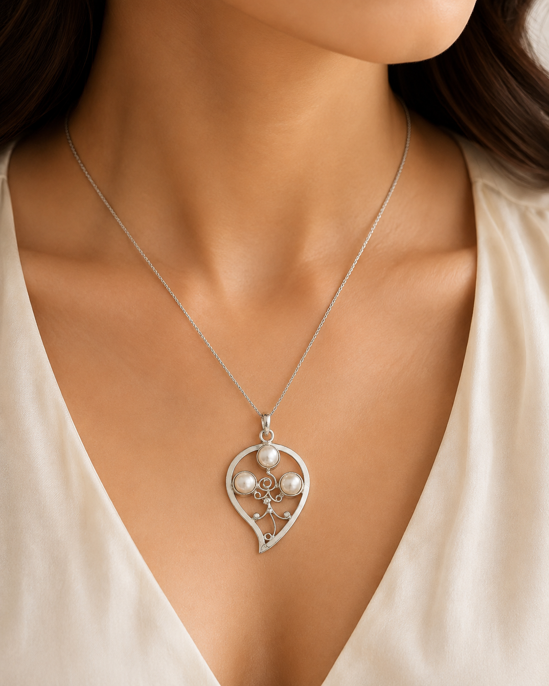 Pearl Heart Pendant Classic Bridal Elegant Statement Jewelry Gift PEN50-SLV-NPRL03
