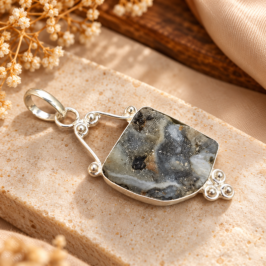 Desert Druzy Pendant, Natural Geode Gemstone Boho Jewelry PEN501-SLV-NDDY01