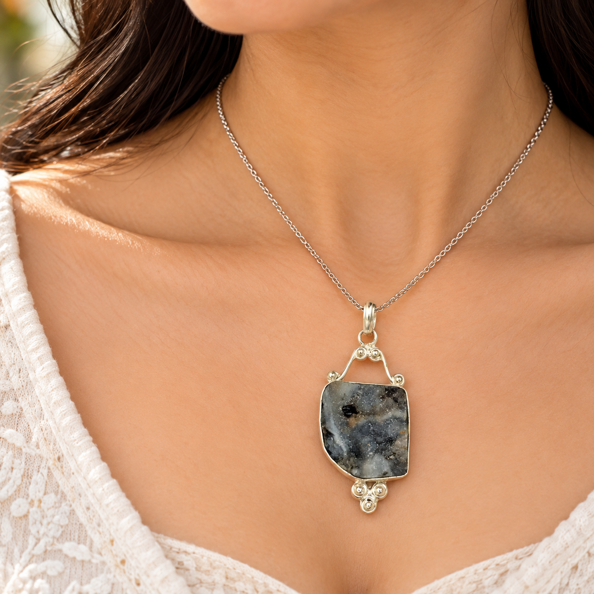Desert Druzy Pendant, Natural Geode Gemstone Boho Jewelry PEN501-SLV-NDDY01