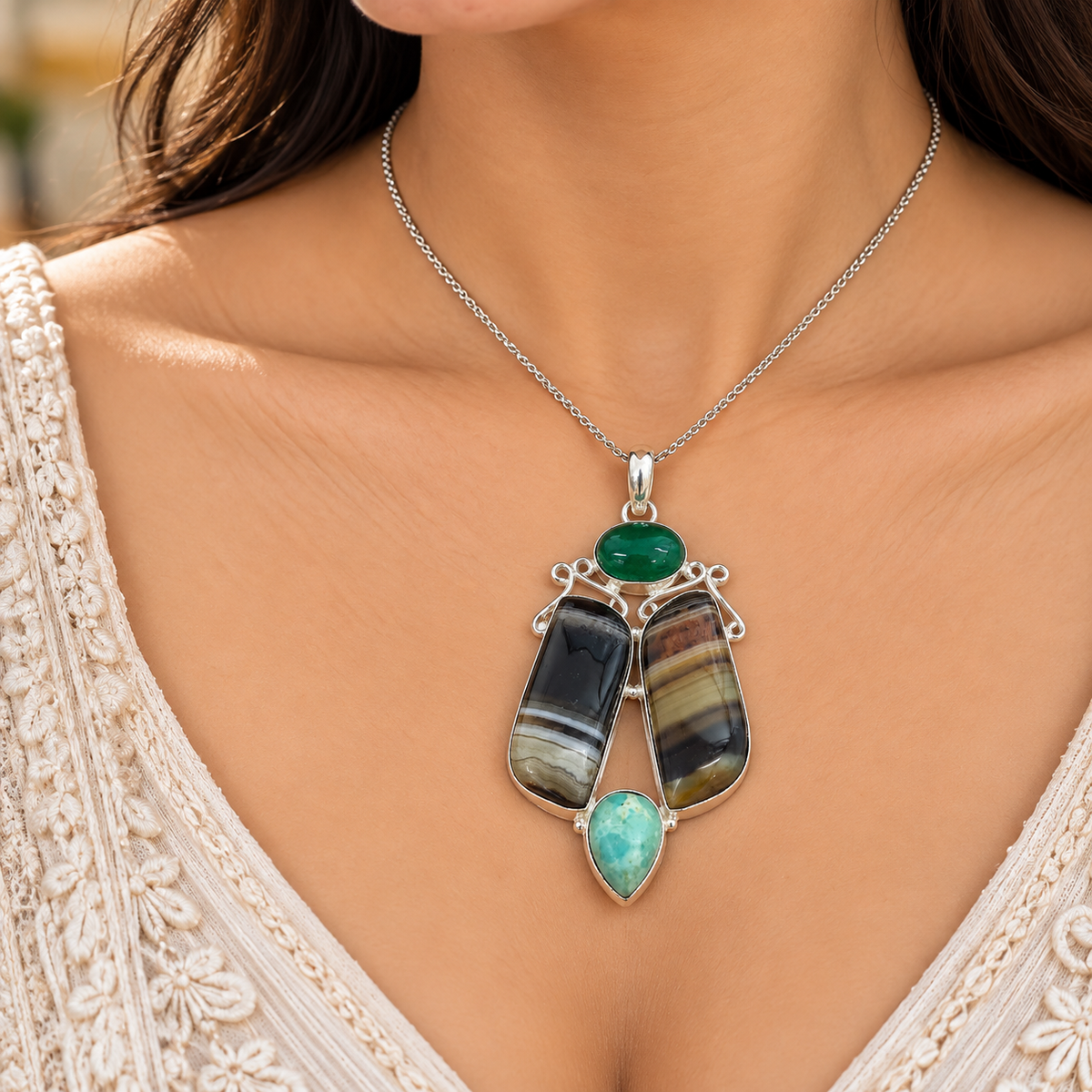 Banded Agate Pendant, Green Agate Turquoise Boho Gemstone PEN509-SLV-NMUL-NBWAG04