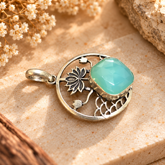 Aqua Chalcedony Pendant, Floral Boho Statement Gemstone PEN510-SLV-NAQCLY01