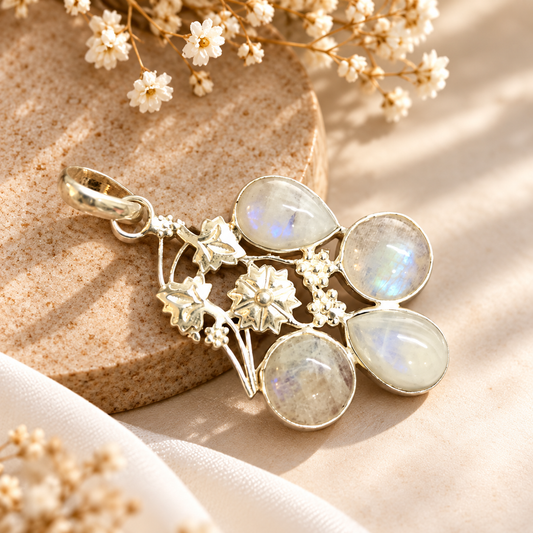 Rainbow Moonstone Floral Silver Pendant, Boho Jewelry Gift PEN511-SLV-NMS04