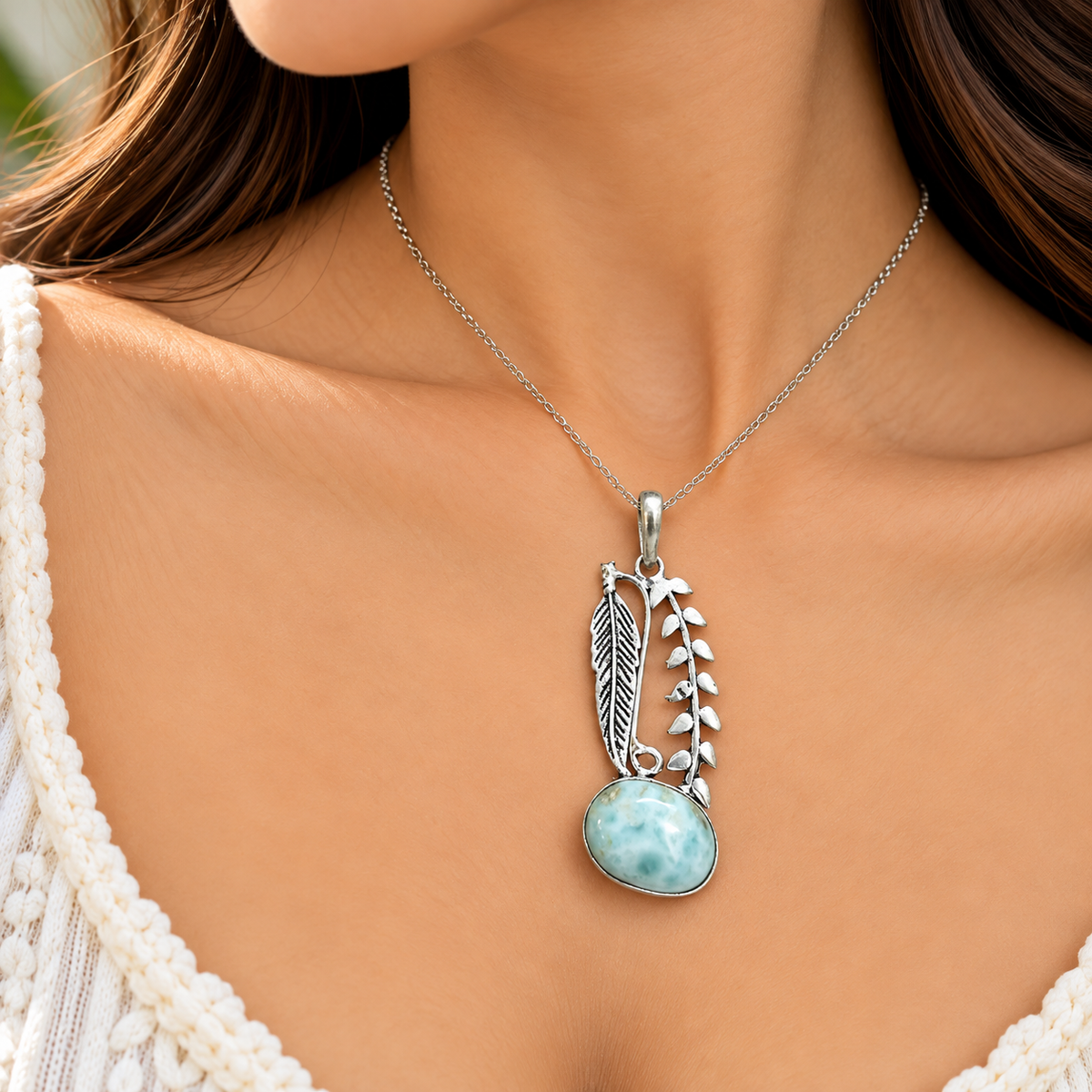 Larimar Feather Pendant, Boho Blue Gemstone Nature Jewelry PEN517-SLV-NLAR01