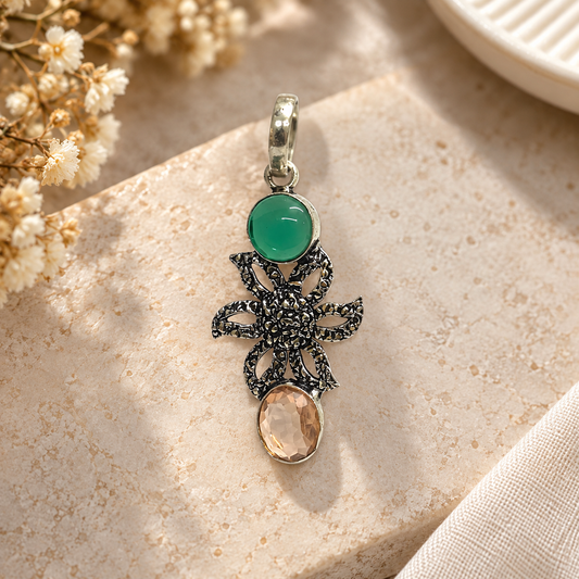 Green Agate Citrine Floral Pendant Boho Artisan Jewelry PEN523-SLV-LMUL02