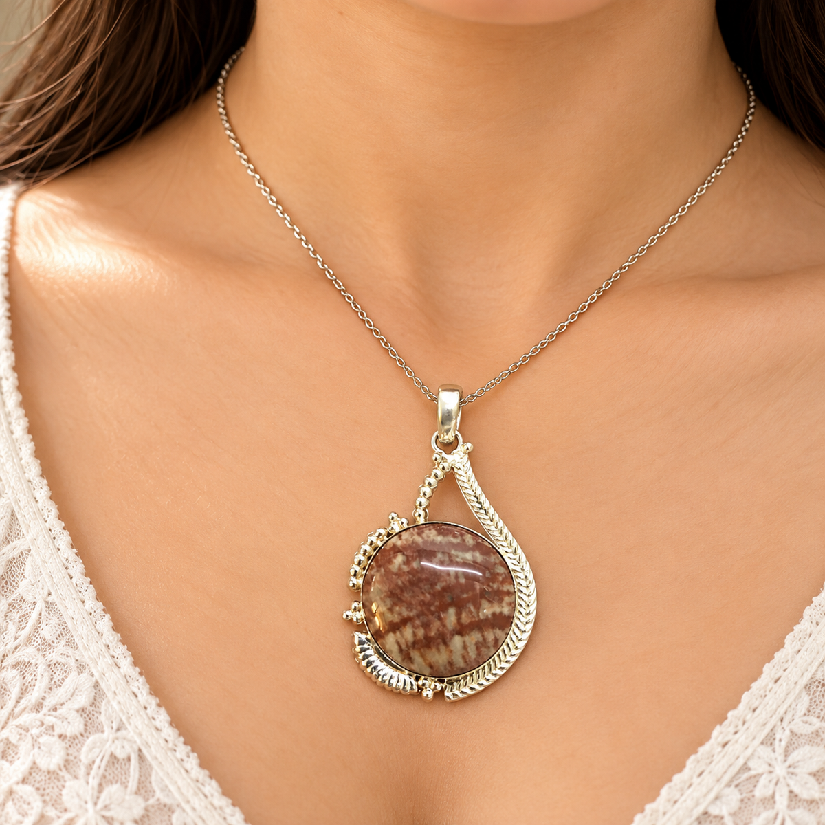 Picture Jasper Pendant, Natural Stone Boho Statement Jewelry PEN529-SLV-NPJR01