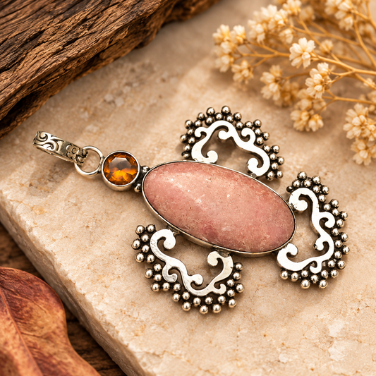 Pink Gemstone Statement Pendant, Boho Silver Tribal Necklace PEN532-SLV-LQUA-NJR02