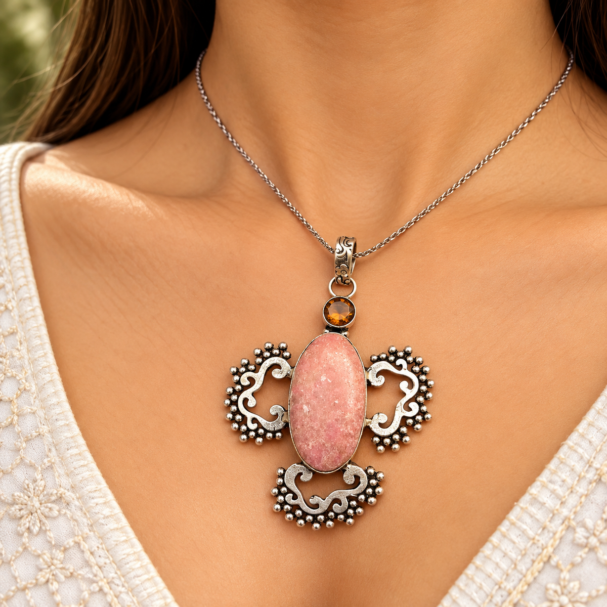 Pink Gemstone Statement Pendant, Boho Silver Tribal Necklace PEN532-SLV-LQUA-NJR02
