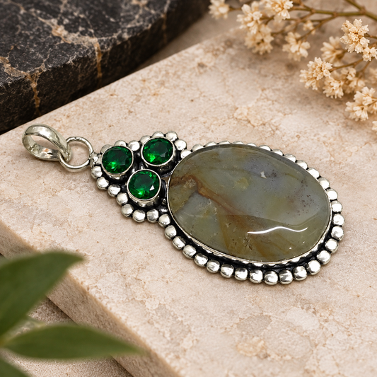 Jasper Green Gemstone Pendant Boho Artisan Statement Jewelry PEN536-SLV-LQUA-NJR04