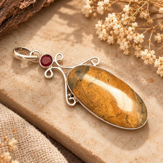 Natural Jasper Pendant, Golden Brown Boho Statement Jewelry PEN537-SLV-LQUA-NJR02