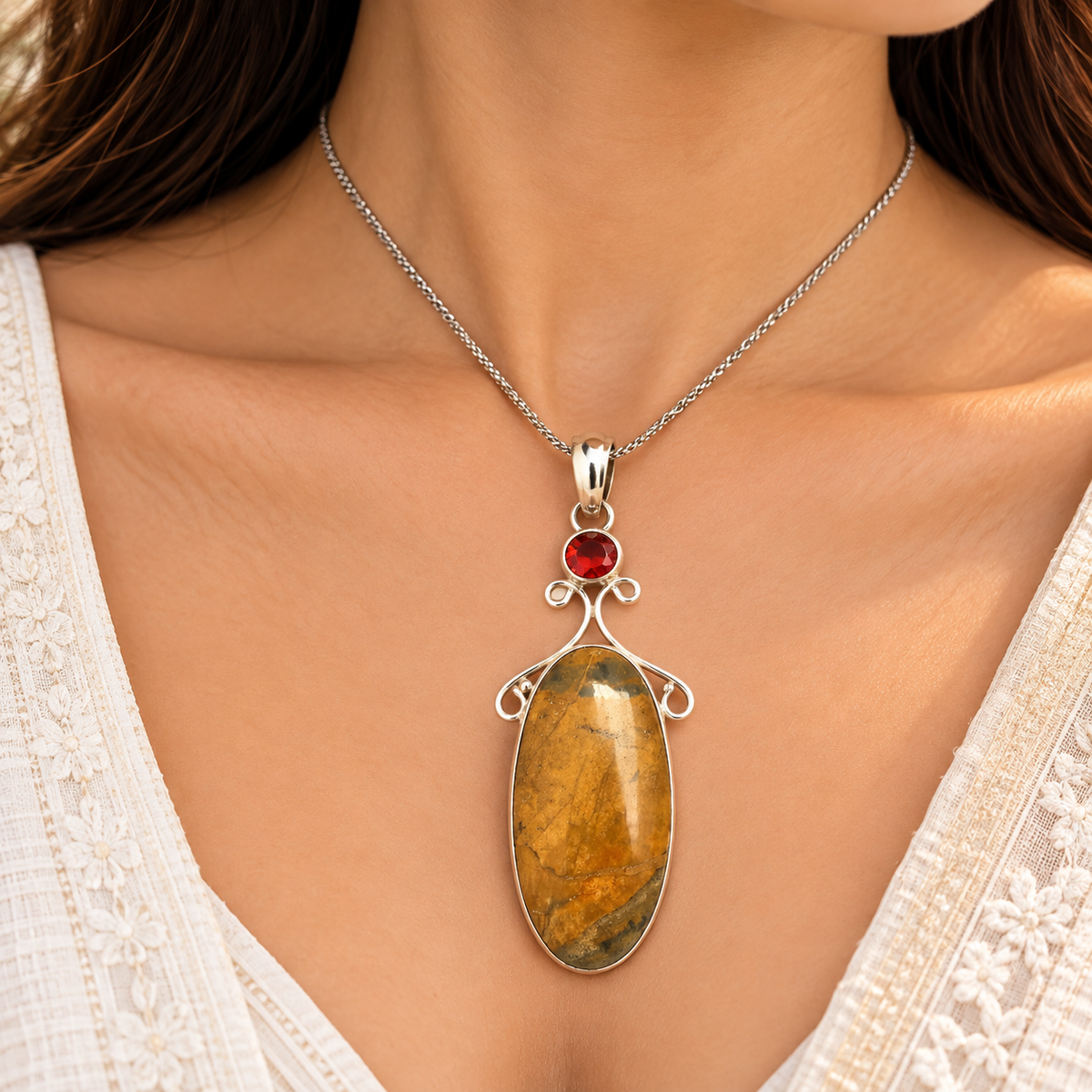 Natural Jasper Pendant, Golden Brown Boho Statement Jewelry PEN537-SLV-LQUA-NJR02