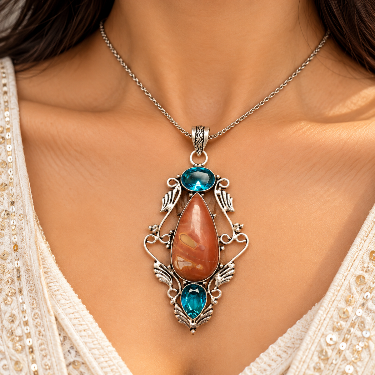 Natural Jasper Pendant, Red Stone Boho Statement Silver Jewelry PEN546-SLV-LQUA-NRJR03