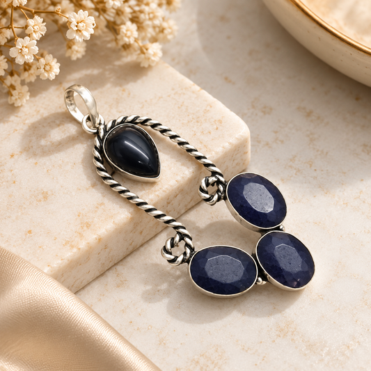 Black Onyx Blue Sapphire Pendant Boho Artisan Statement PEN548-SLV-LBO+LSPH04