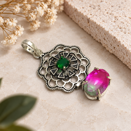Bio Tourmaline Pink Green Pendant Boho Artisan Jewelry PEN561-SLV-LBTUR-LCD02