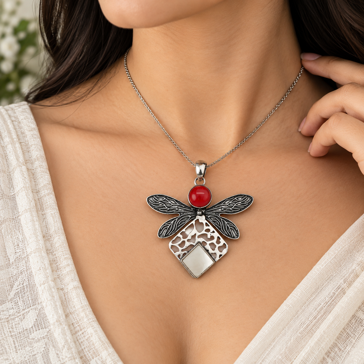 Dragonfly Red Garnet Mother of Pearl Silver Statement Pendant PEN567-SLV-LGR-LMOP02