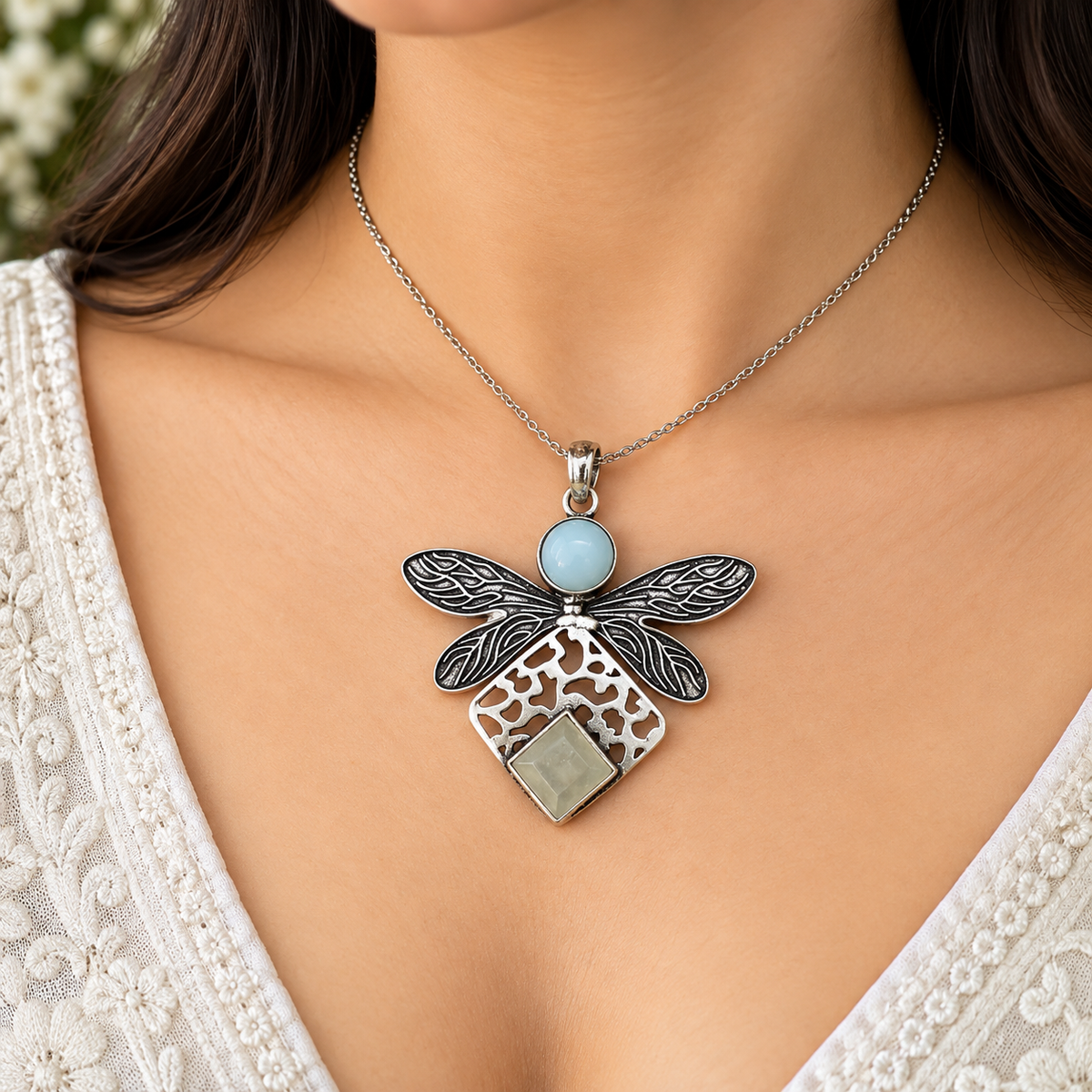 Opalite Dragonfly Mother of Pearl Pendant Oxidized Silver PEN567-SLV-LOPL-LMOP02