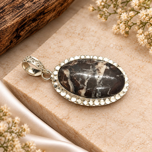 Coconut Jasper Pendant Oval Gemstone Oxidized Silver Jewelry PEN569-SLV-NCCJR01