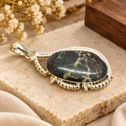 Coconut Jasper Green Oval Pendant Gold Tone Boho Jewelry PEN572-SLV-NCCJR01