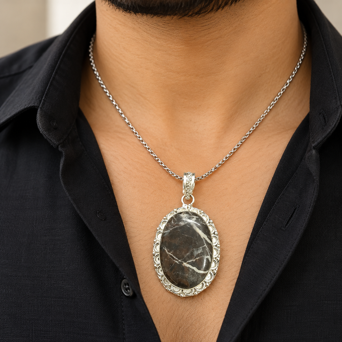 Coconut Jasper Oval Pendant Oxidized Boho Jewelry PEN575-SLV-NCCJR01