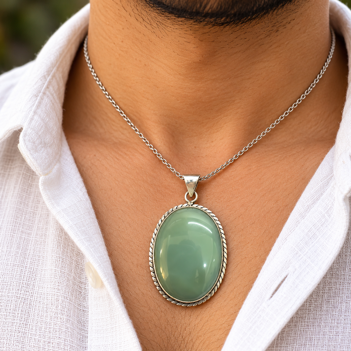 Aqua Chalcedony Silver Tone Oval Pendant Necklace PEN583-SLV-NAQCLY01