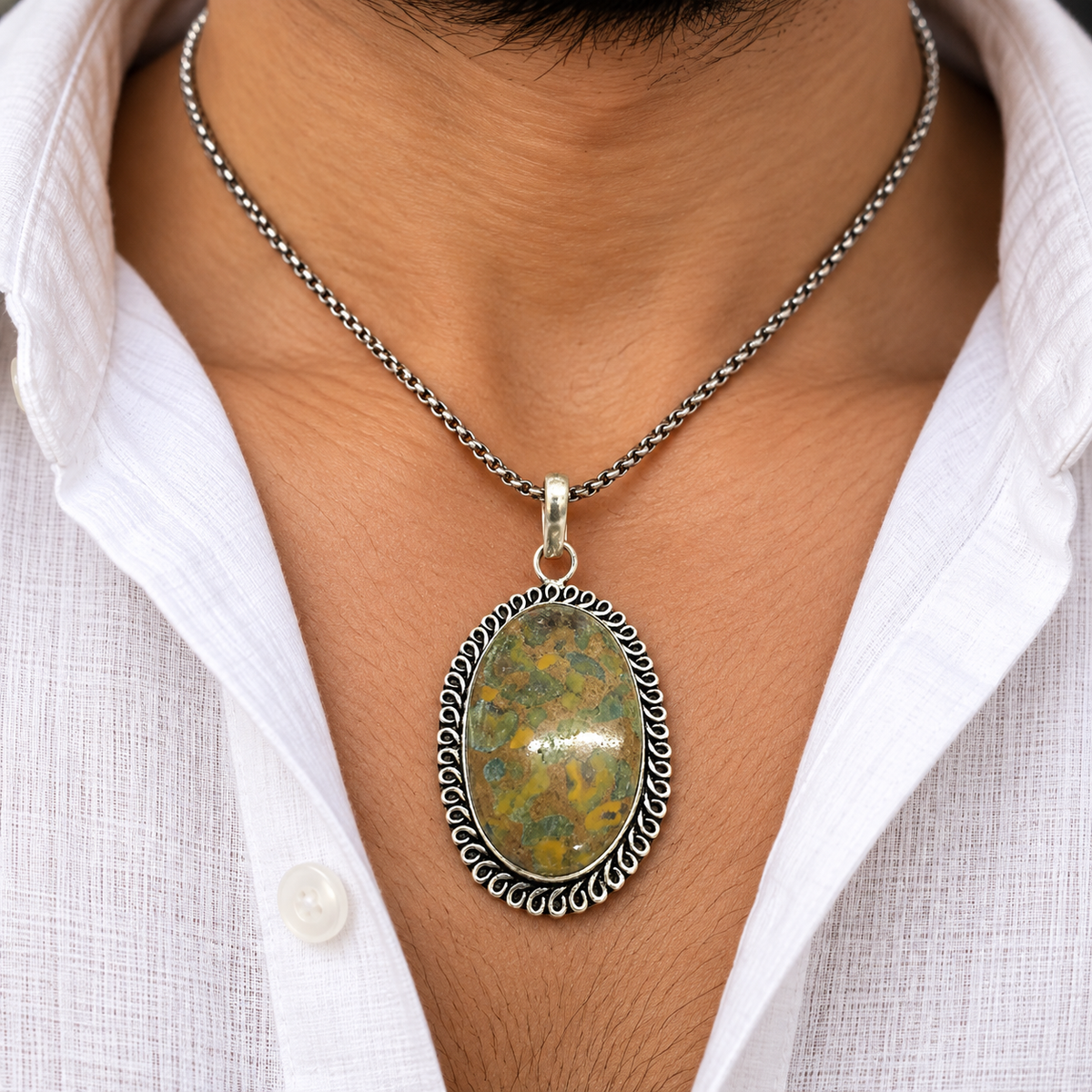 Fruit Jasper Oval Gemstone Pendant Antique Silver Tone PEN585-SLV-NFRJR01