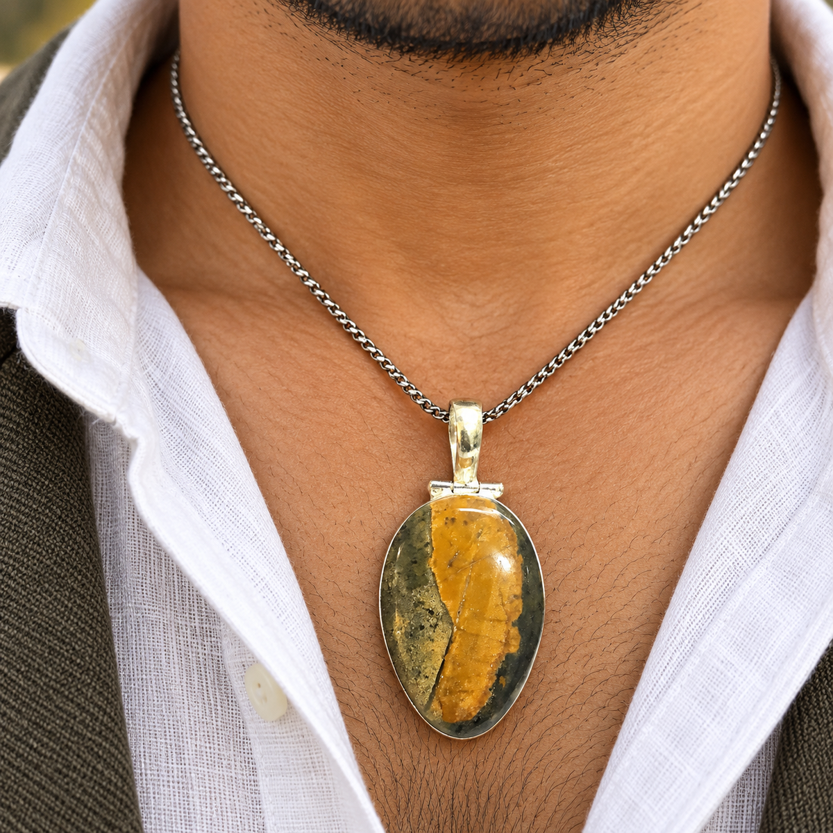 Yellow Green Agate Pendant, Oval Gemstone Silver Jewelry PEN593-SLV-NAG01