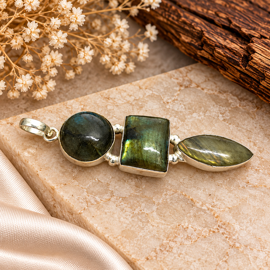 Labradorite Pendant, Three Stone Silver Tone Gemstone Jewelry PEN599-SLV-NLBD03