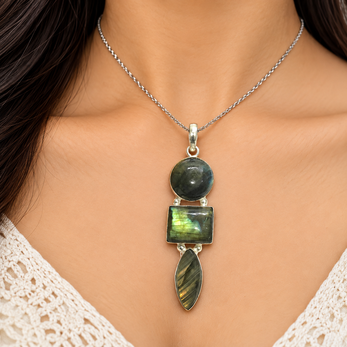 Labradorite Pendant, Three Stone Silver Tone Gemstone Jewelry PEN599-SLV-NLBD03