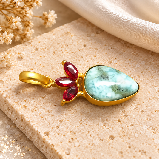 Larimar Pendant, Aqua Blue Gemstone Gold Tone Red Crystal PEN604-GLD-LQUA-NLAR04